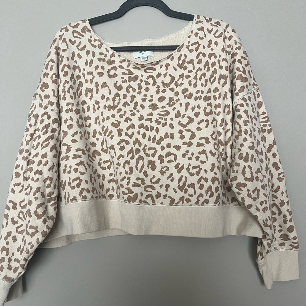 Aerie Cream and Brown Leopard Print Crew Neck Sweater